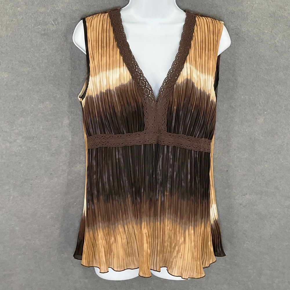 Violet & Claire NY Babydoll Top Sz M Brown Ombre Pleated Lace Trim Sleeveless